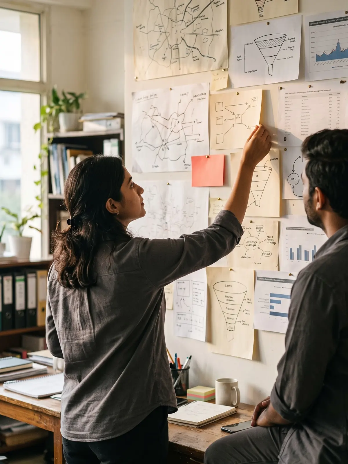 A strategist pinning a campaign map to a wall of working notes